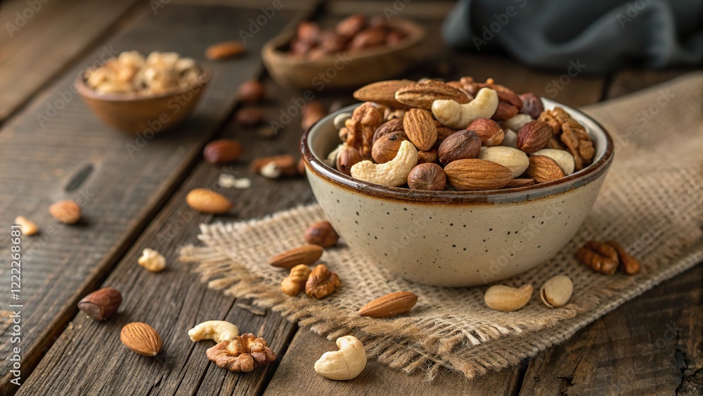 Bowl of mixed nuts featuring almonds, walnuts, and cashews arranged on a rustic wooden surface with additional nuts in the background Bowl of mixed nuts featuring almonds, walnuts, and cashews arranged on a rustic wooden surface with additional nuts in the background