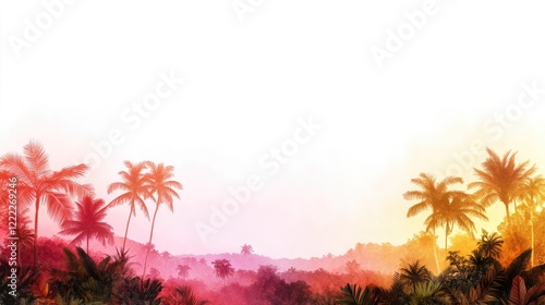 Vibrant Tropical Sunset Landscape with Silhouetted Palm Trees Against a Colorful Horizon