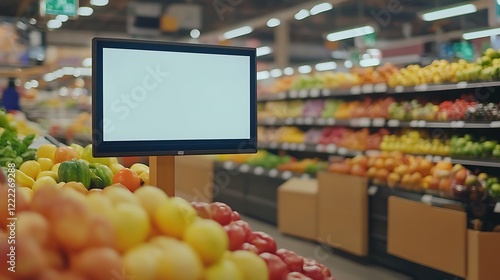Blank Digital Signage in Produce Aisle of Supermarket