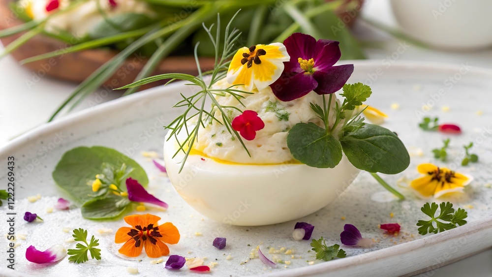 Close up of a beautifully decorated egg stuffed with cottage cheese and garnished with edible flowers and herbs Close up of a beautifully decorated egg stuffed with cottage cheese and garnished with edible flowers and herbs