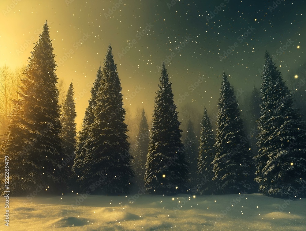 Fototapeta premium snowy forest, warm light, falling snow, magical atmosphere, winter scene
