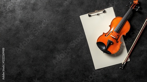 Violin and Bow with Blank Clipboard on Dark Textured Surface in an Artistic Setting photo