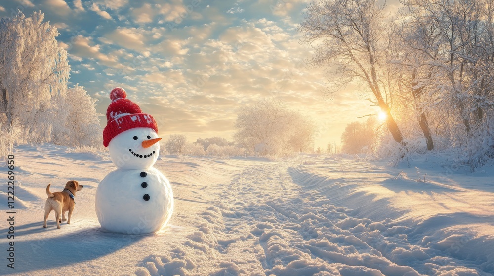 Obraz premium Snowman and Dog in Winter Wonderland