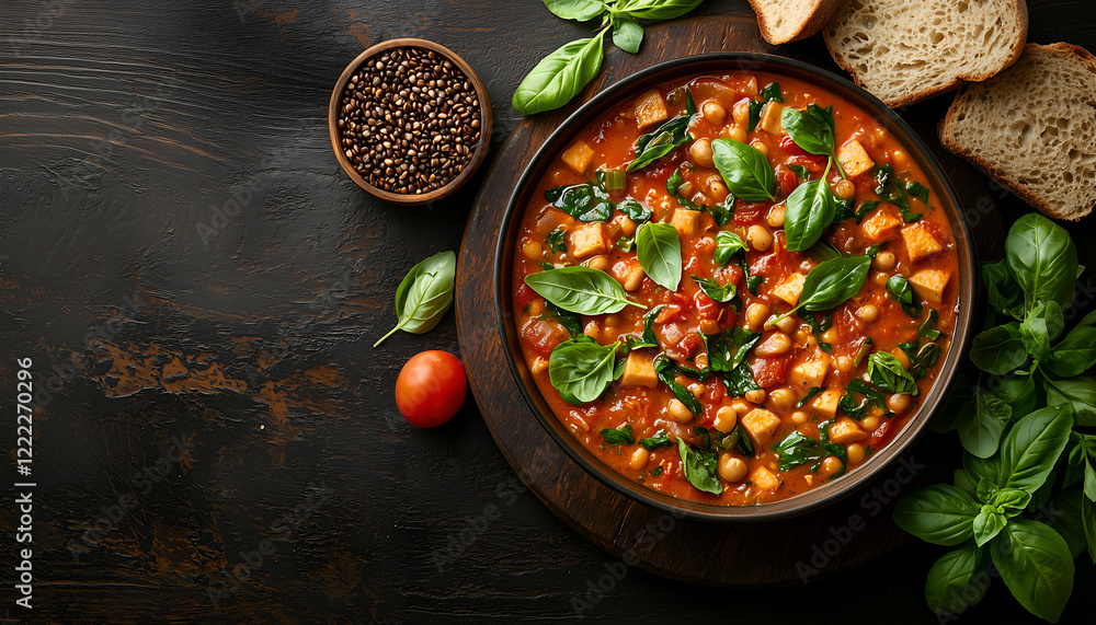 A vibrant bowl of vegetable stew with fresh basil, tomatoes, and bread, set against a rustic wooden background. A vibrant bowl of vegetable stew with fresh basil, tomatoes, and bread, set against a rustic wooden background.