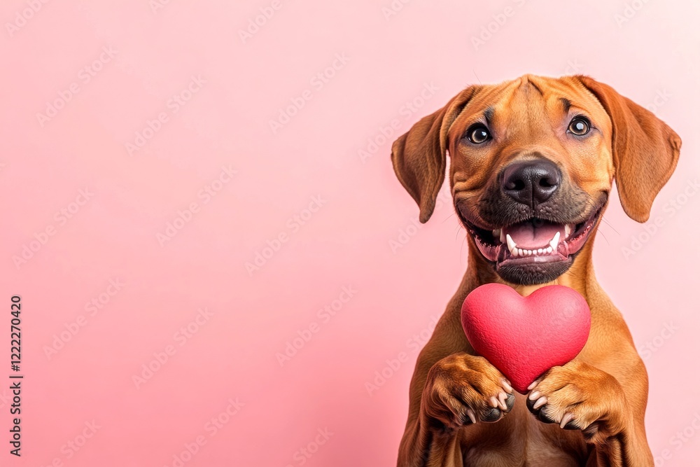 Marketing idea. Rhodesian ridgeback - my treasured dog. Cute rhodesian ridgeback hound with furry friend toy red heart - emblem of love, funny greeting card. Red heart dog moments. Pet love. Marketing idea. Rhodesian ridgeback - my treasured dog. Cute rhodesian ridgeback hound with furry friend toy red heart - emblem of love, funny greeting card. Red heart dog moments. Pet love.