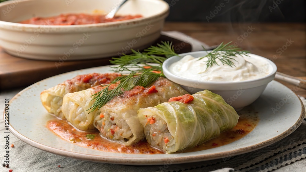 Deliciously steaming plate of stuffed cabbage rolls served with creamy sauce and herbs on a rustic wooden table Deliciously steaming plate of stuffed cabbage rolls served with creamy sauce and herbs on a rustic wooden table