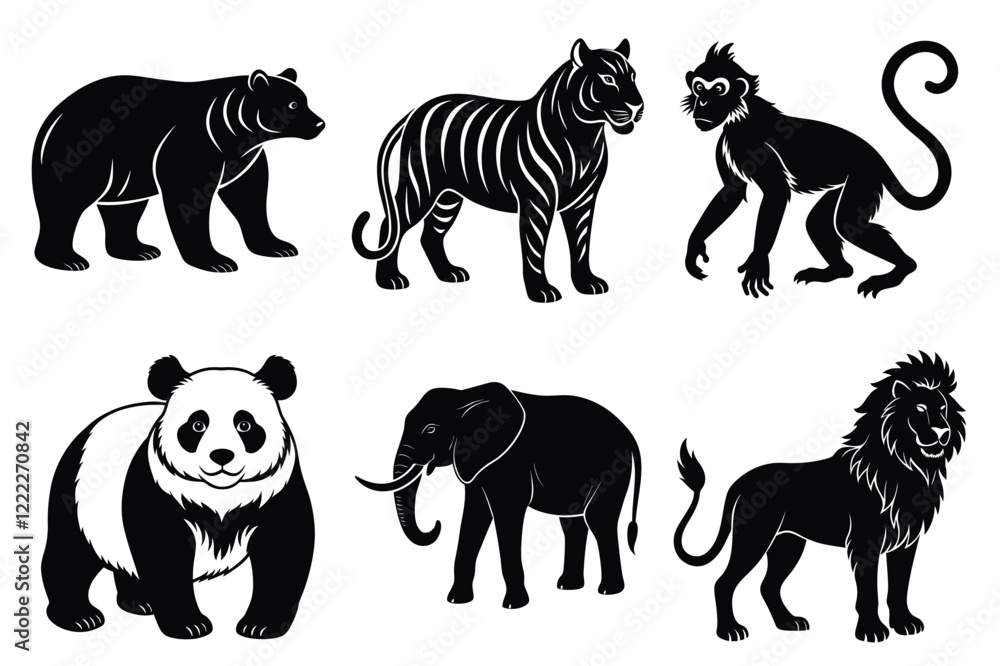 Animals silhouette set. Wild animals silhouette collection vector illustration on white background Animals silhouette set. Wild animals silhouette collection vector illustration on white background