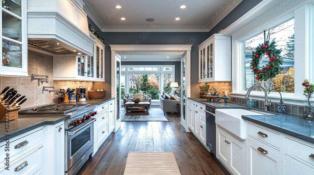 Fototapeta premium Modern Farmhouse Kitchen Interior Design with Farmhouse Sink and Dark Wood Floors