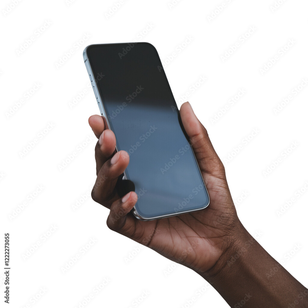 Hand of African descent holding a sleek smartphone with a dark screen isolated on transparent background PNG Hand of African descent holding a sleek smartphone with a dark screen isolated on transparent background PNG