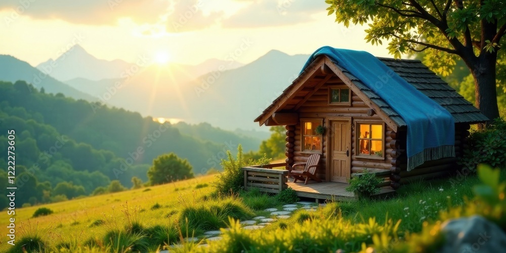 Fototapeta premium Serene Sunset View of Cozy Log Cabin on Hilltop with a Blue Blanket
