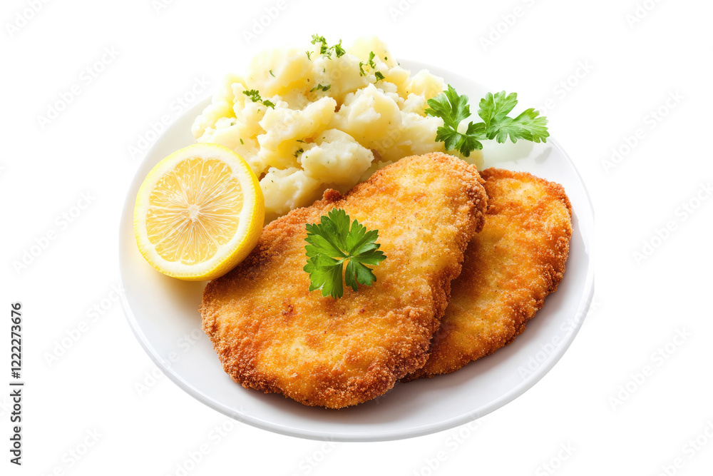 Breaded schnitzel with potato salad, lemon slice and parsley in a white plate isolated on white or transparent, PNG Breaded schnitzel with potato salad, lemon slice and parsley in a white plate isolated on white or transparent, PNG