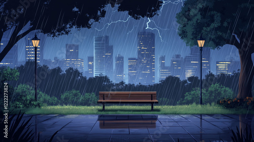 Parallax background city park with bench at rainy weather, summer or spring rain with lightnings 2d cityscape with parkland and skyscrapers separated layers, for game animation, Vector illustration