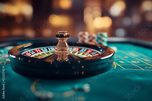 High stakes gambling at a luxurious casino with a roulette wheel and colorful chips during an evening setting photo