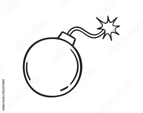 bomb with burning wick doodle hand drawn icon. Outline drawing bomb with burning wick line clipart symbol