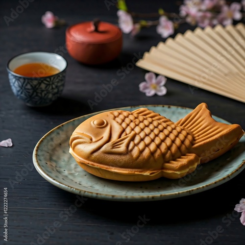 a Taiyaki, its fish-shaped form covered in a delicate drizzle of honey. The Taiyaki is filled with a sweet apple cinnamon filling, its warm, spicy flavor , sweet honey. Taiyaki, apple cinnamon, fillin photo