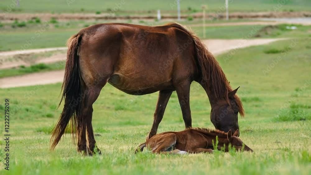 Heartwarming Scene of a Brown Mare and Her Newborn Foal Resting in a Lush Green Pasture Heartwarming Scene of a Brown Mare and Her Newborn Foal Resting in a Lush Green Pasture