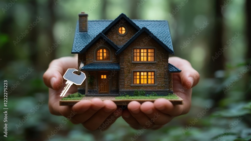 Person holding key to a house symbolizing ownership and real estate transaction Person holding key to a house symbolizing ownership and real estate transaction