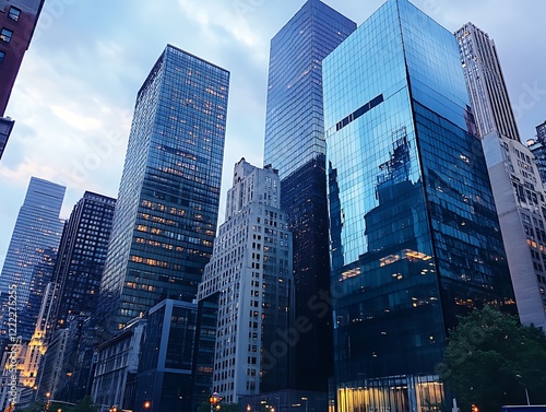 City Skyline Dominated by Tall Glass Skyscrapers Reflecting Sunrise, Modern Urban Architecture with Futuristic Aesthetic in a Serene Morning Glow