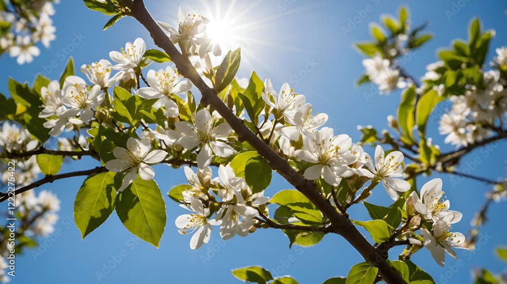 Sunlight shines through white blossoms on tree branches, surrounded by fresh green leaves. A vibrant blue sky forms the backdrop, creating a serene and cheerful springtime atmosphere Sunlight shines through white blossoms on tree branches, surrounded by fresh green leaves. A vibrant blue sky forms the backdrop, creating a serene and cheerful springtime atmosphere
