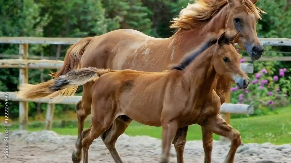 Heartwarming Scene of a Chestnut Mare and Foal Galloping Together in a Sunny Pasture Heartwarming Scene of a Chestnut Mare and Foal Galloping Together in a Sunny Pasture