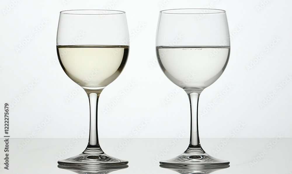 Two wine glasses, one with white wine, one with water, against a bright background, ideal for drink comparisons Two wine glasses, one with white wine, one with water, against a bright background, ideal for drink comparisons