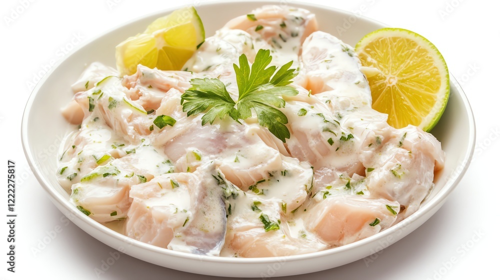 Delicious seafood dish with lime and parsley on a white plate. Delicious seafood dish with lime and parsley on a white plate.