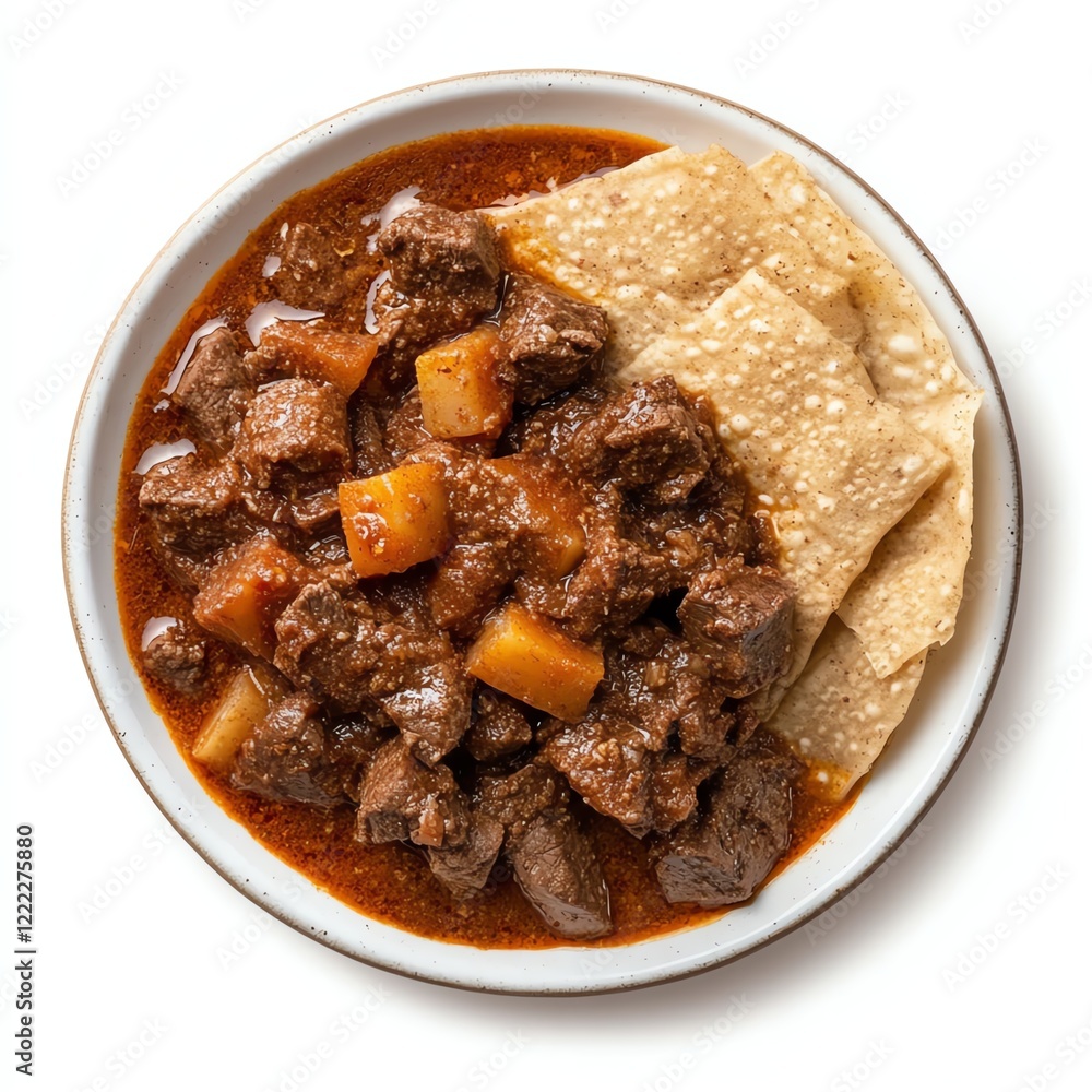 Delicious beef stew served with crunchy tortilla chips in a white bowl. Delicious beef stew served with crunchy tortilla chips in a white bowl.