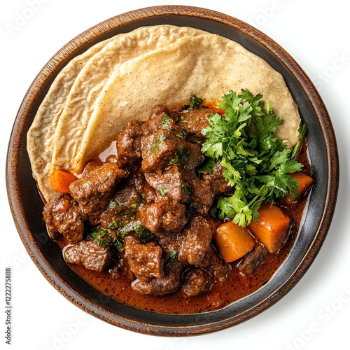 Delicious beef stew served with tortillas and fresh cilantro, white isolate background. photo