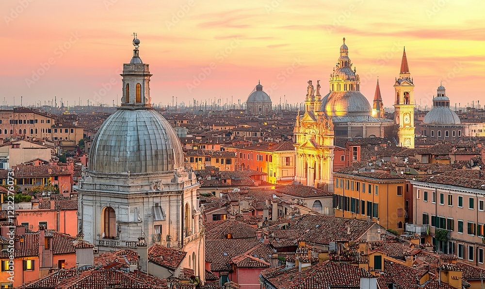 Naklejka premium Venice skyline at sunset with church domes, rooftops, and warm glow