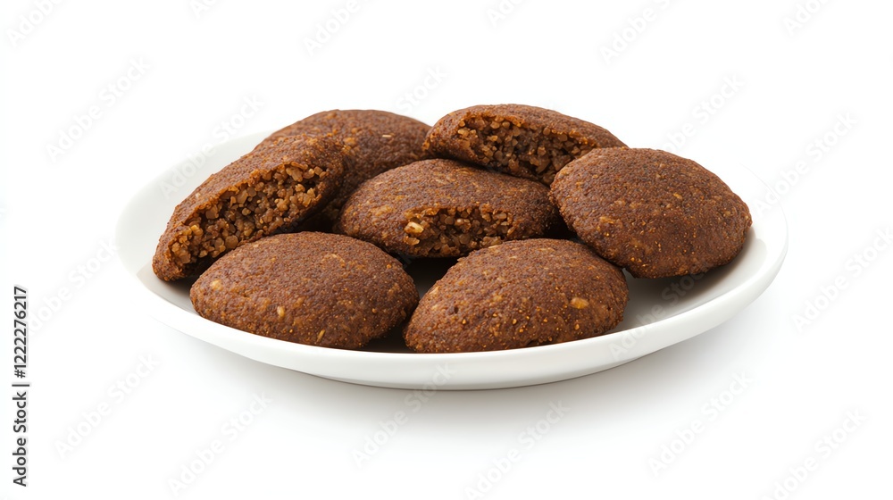 Delicious brown cookies arranged on a white plate, isolated on a white background. Delicious brown cookies arranged on a white plate, isolated on a white background.