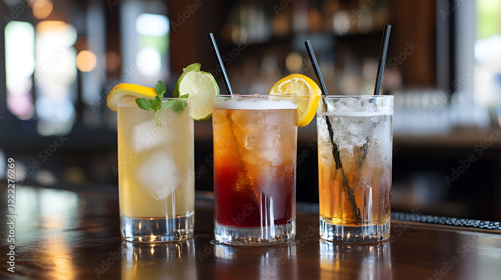 Assorted cocktails in bar setting, vibrant mixed drinks, high-end mixology, craft beverages Assorted cocktails in bar setting, vibrant mixed drinks, high-end mixology, craft beverages