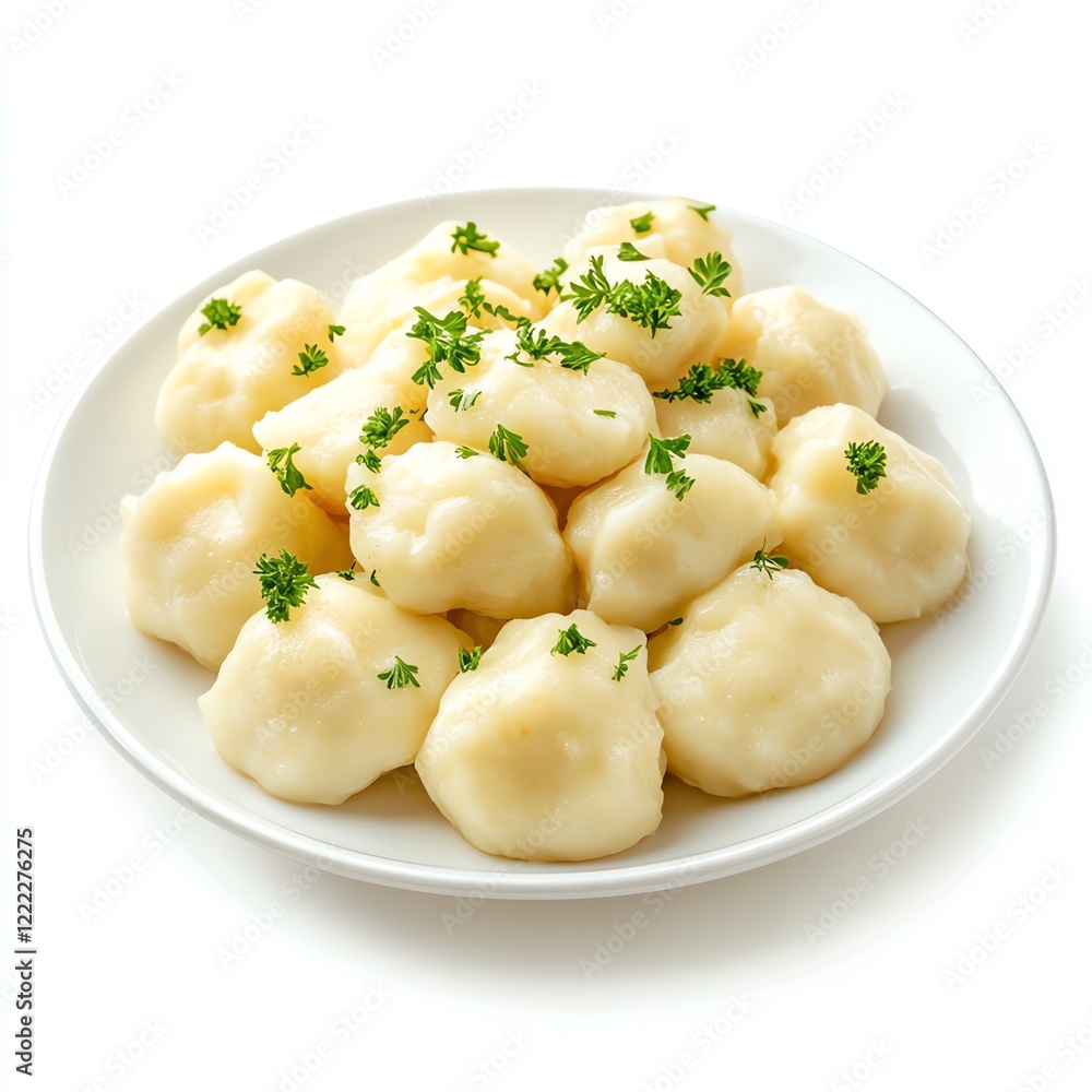 Delicious dumplings served on a white plate, garnished with parsley. Delicious dumplings served on a white plate, garnished with parsley.