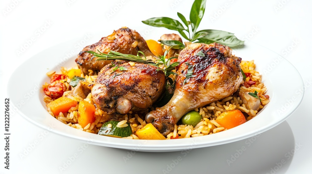 Delicious grilled chicken with vegetables and herbs on a plate. Delicious grilled chicken with vegetables and herbs on a plate.