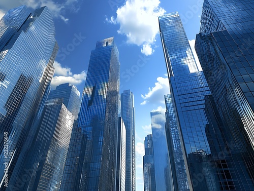 City Skyline Dominated by Tall Glass Skyscrapers Reflecting Sunrise, Modern Urban Architecture with Futuristic Aesthetic in a Serene Morning Glow