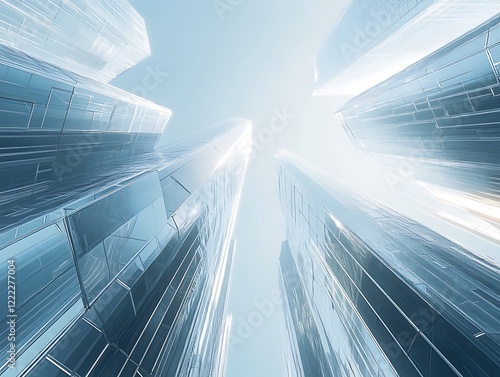 City Skyline Dominated by Tall Glass Skyscrapers Reflecting Sunrise, Modern Urban Architecture with Futuristic Aesthetic in a Serene Morning Glow