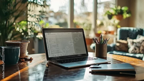 Wallpaper Mural Cozy workspace with laptop, plants, and coffee cup Torontodigital.ca