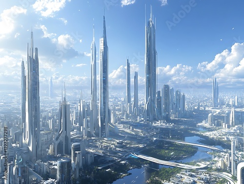 City Skyline Dominated by Tall Glass Skyscrapers Reflecting Sunrise, Modern Urban Architecture with Futuristic Aesthetic in a Serene Morning Glow