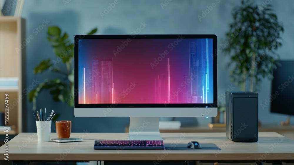 Modern Office Workspace with Futuristic Cityscape on Desktop Screen Modern Office Workspace with Futuristic Cityscape on Desktop Screen