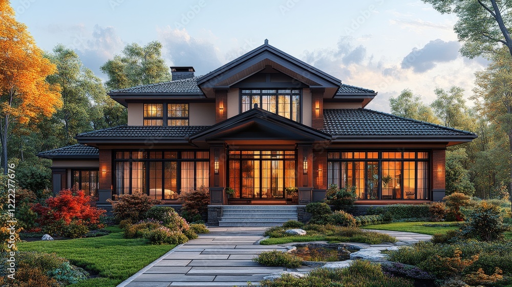 Obraz premium Modern house with numerous large windows in a suburban neighborhood during daylight