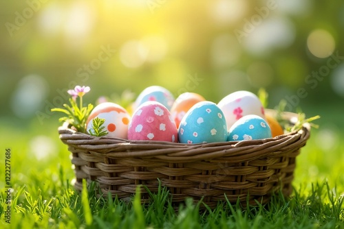 Rustic Easter Basket with Painted Eggs: Vibrant Springtime Setting with Green Grass and Floral Accents