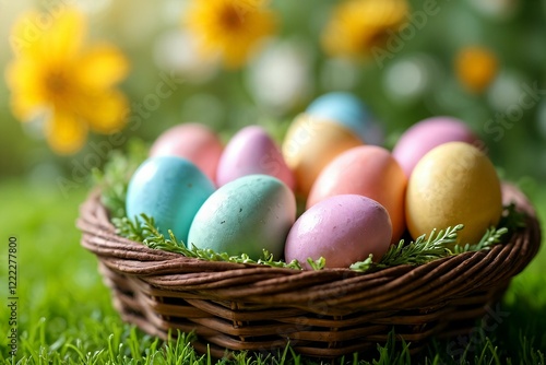 Rustic Easter Basket with Painted Eggs: Vibrant Springtime Setting with Green Grass and Floral Accents