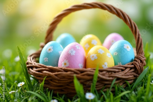 Rustic Easter Basket with Painted Eggs: Vibrant Springtime Setting with Green Grass and Floral Accents