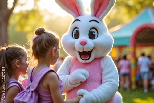 Easter Bunny Mascot with Children: Festive Park Celebration with Pastel Decorations and Springtime Joy