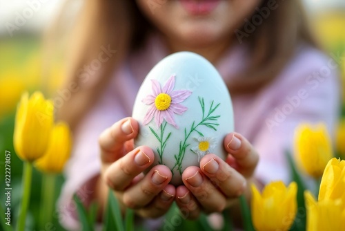 Close-Up of a Child Holding a Decorated Easter Egg: Spring Flowers and Festive Joy