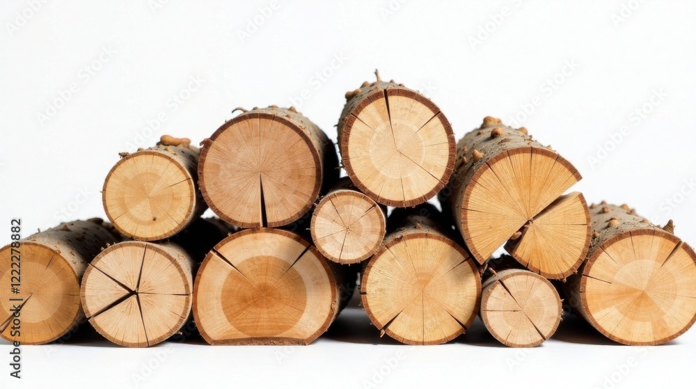 A Stack of Round Wood Logs with Natural Bark Texture on a White Background A Stack of Round Wood Logs with Natural Bark Texture on a White Background