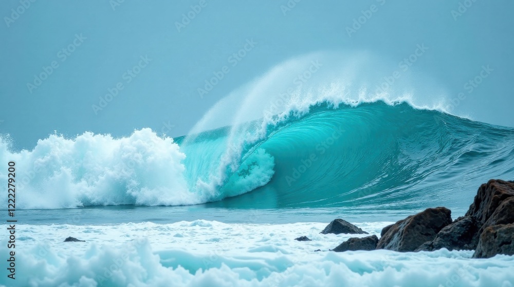 Fototapeta premium Oceanic Majesty A Turquoise Barrel Wave Breaks Near Coastal Rocks Under a Pale Sky