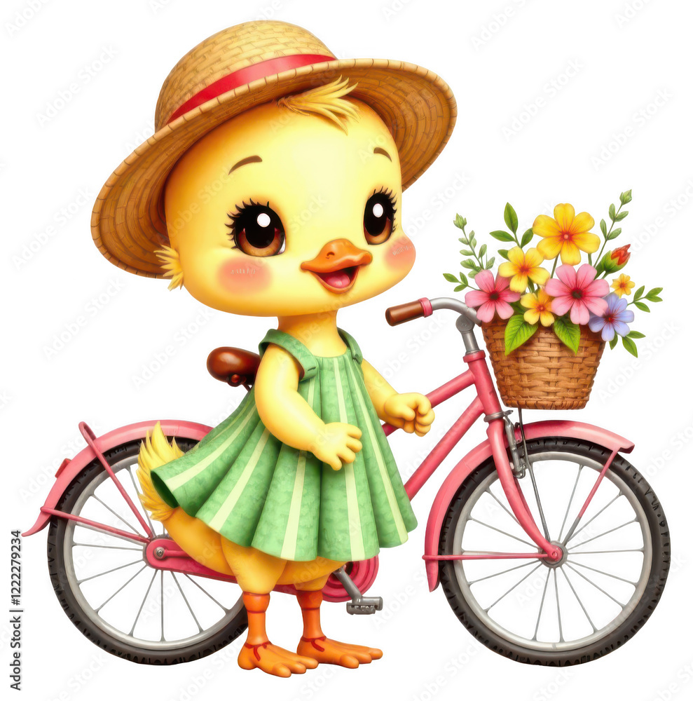 Fototapeta premium Adorable yellow duckling in a green dress and straw hat standing beside a pink bicycle with a basket of flowers. Perfect for spring designs, kids’ art, or cheerful outdoor themes