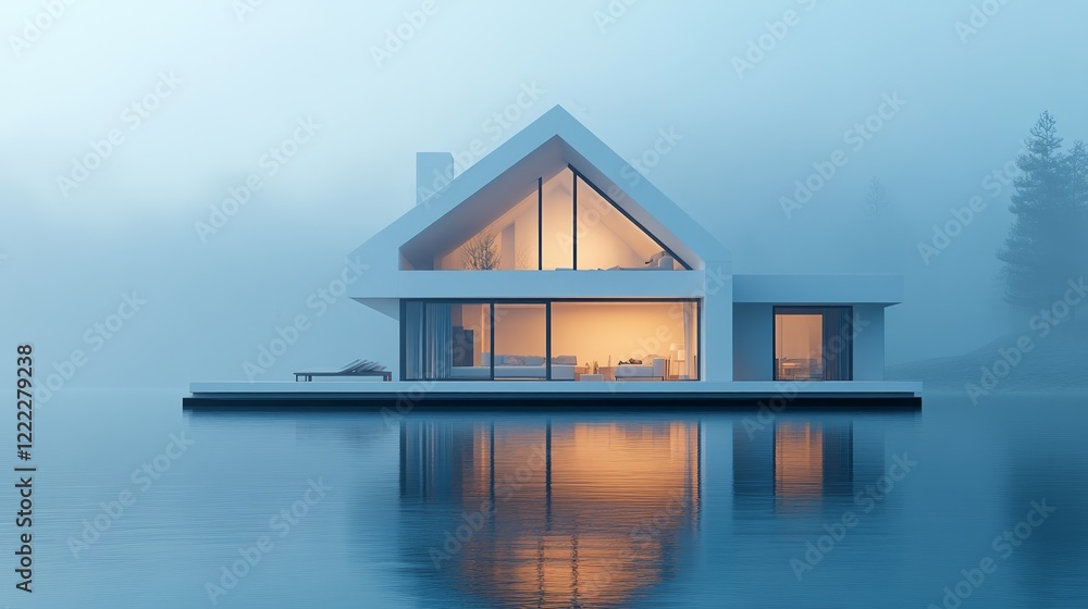 A Serene House Nestled by a Tranquil Lake Surrounded by Mystical Fog Creating an Enchanting Atmosphere Evoking Peace and Calmness in a Picturesque Natural Setting A Serene House Nestled by a Tranquil Lake Surrounded by Mystical Fog Creating an Enchanting Atmosphere Evoking Peace and Calmness in a Picturesque Natural Setting