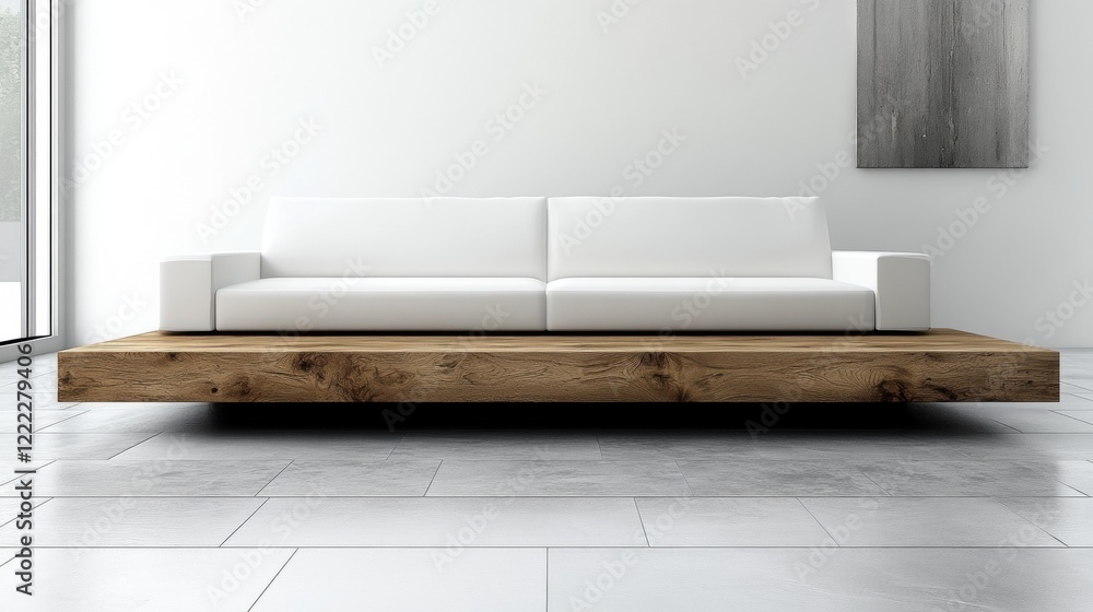 Modern Minimalist Sofa on Stylish Wooden Platform in Bright Room Modern Minimalist Sofa on Stylish Wooden Platform in Bright Room