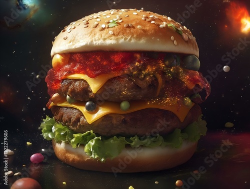 gourmet burger, vibrant colors, space theme, delicious food photo